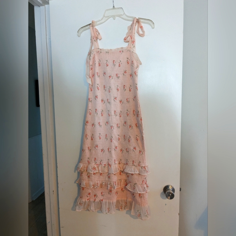 Pink Abercrombie & Fitch Smocked Tie Shoulder Floral Midi Dress Small
